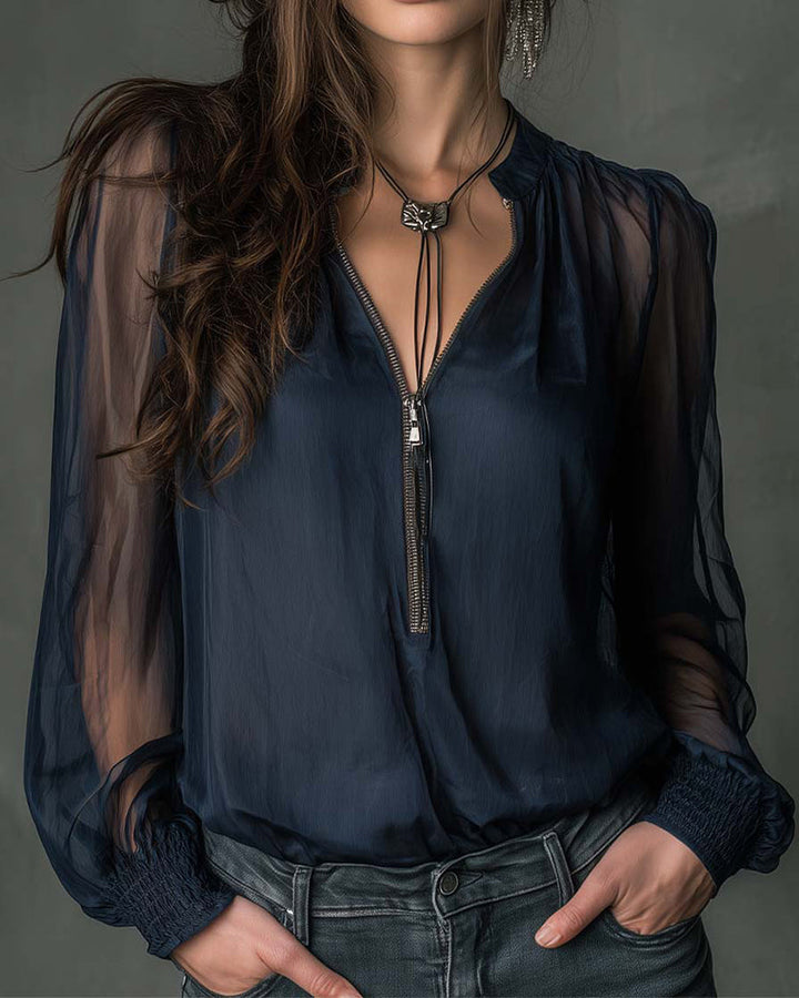 Half-Zip Blouse Long Sleeve Knit