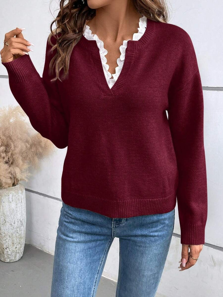 Olivia – Lace Trim V-Neck Jumper