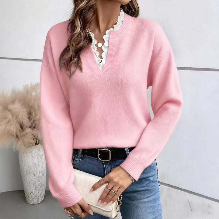 Olivia – Lace Trim V-Neck Jumper