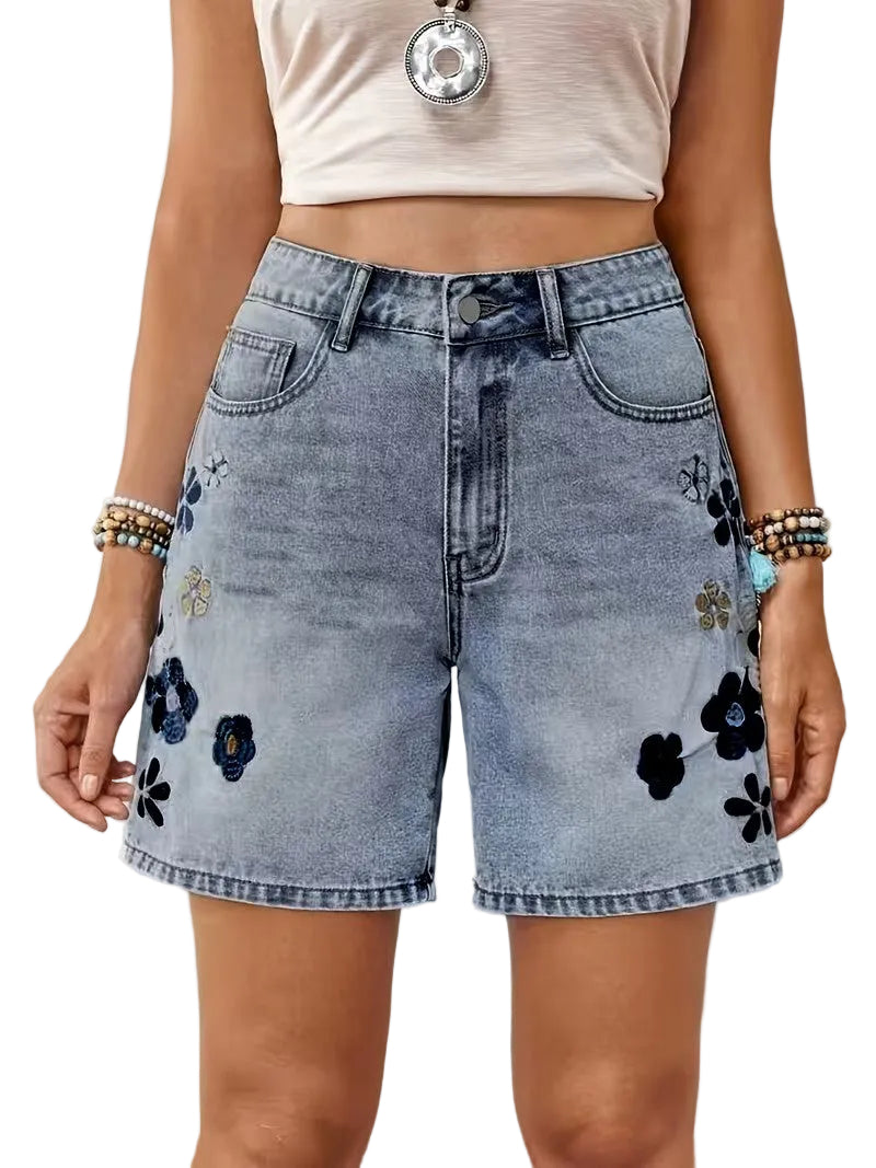 Women's High-Waisted Shorts with Floral Embroidery