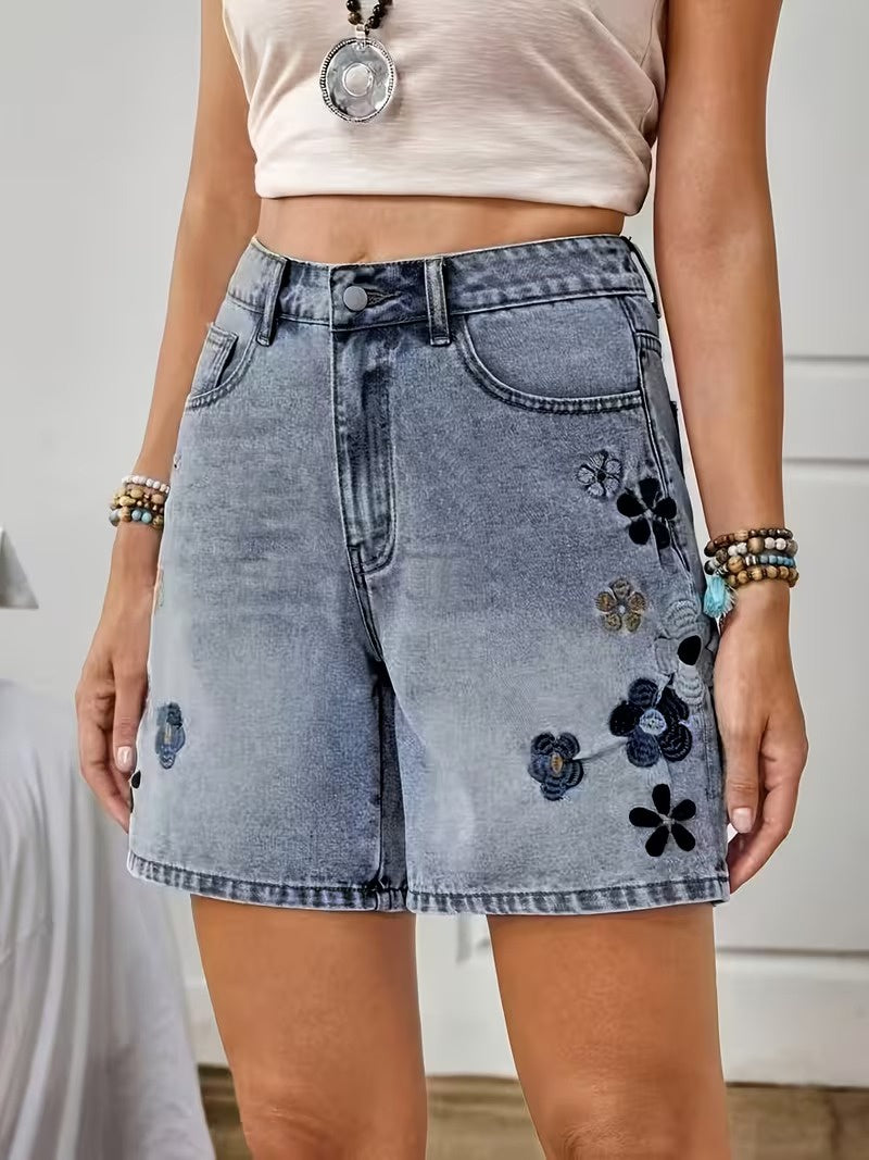 Women's High-Waisted Shorts with Floral Embroidery