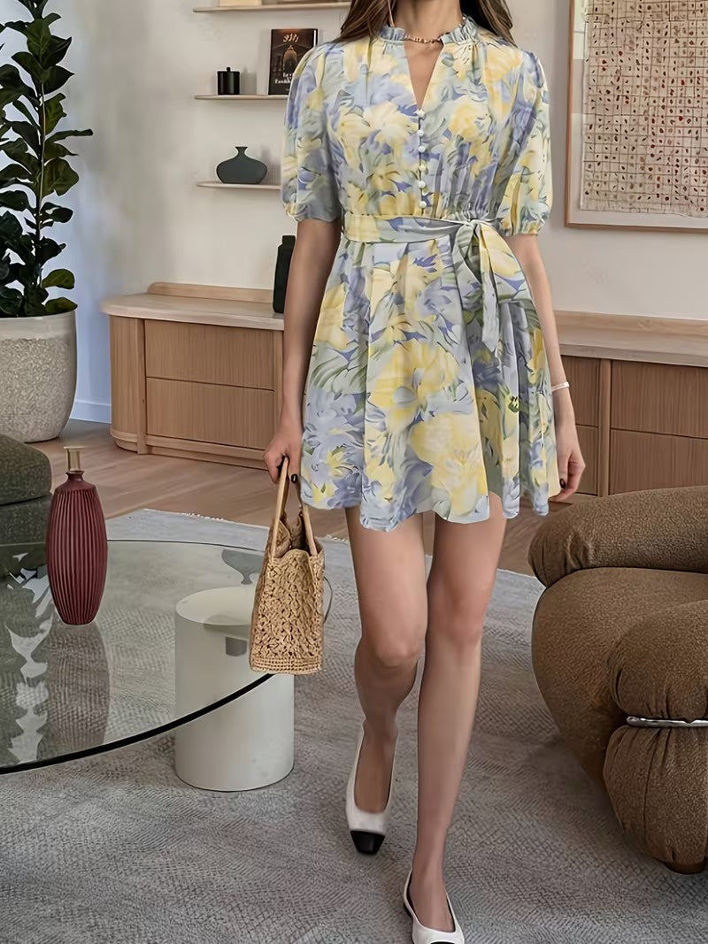 Women's Short Sleeve Mini Dress with Floral Print