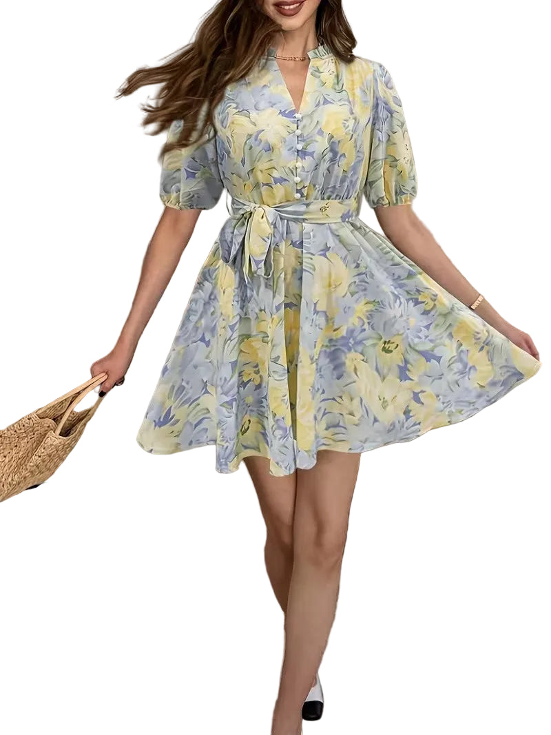 Women's Short Sleeve Mini Dress with Floral Print
