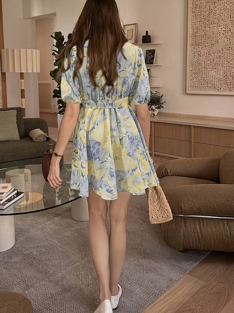 Women's Short Sleeve Mini Dress with Floral Print